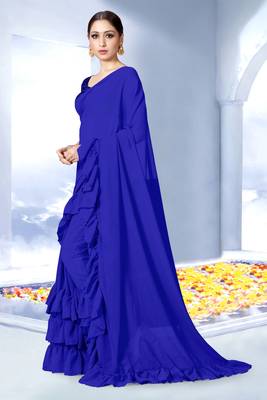 Blue plain georgette saree with blouse 3