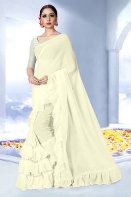 Off white plain georgette saree with blouse 1