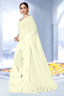 Off white plain georgette saree with blouse 3
