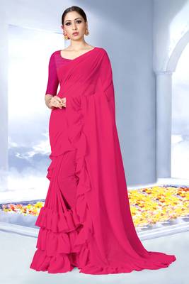 Pink plain georgette saree with blouse 1