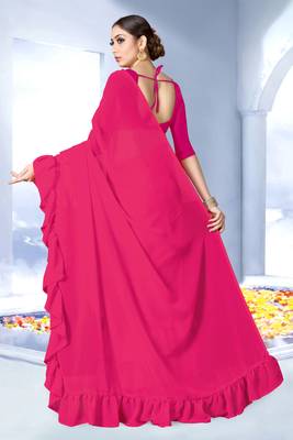 Pink plain georgette saree with blouse 2