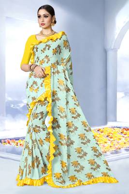 Parrot green printed georgette saree with blouse 1