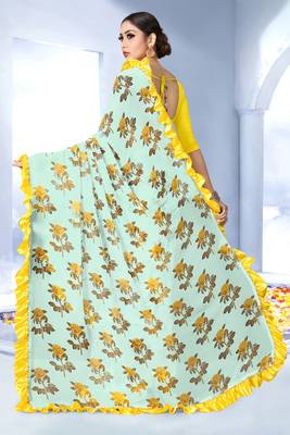 Parrot green printed georgette saree with blouse 2