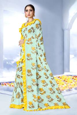 Parrot green printed georgette saree with blouse 3