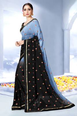 Grey embroidered georgette saree with blouse 3