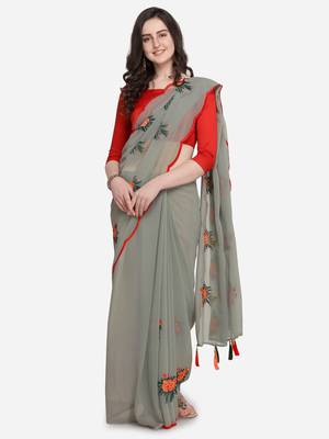 Grey embroidered georgette saree with blouse 1