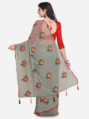 Grey embroidered georgette saree with blouse 2
