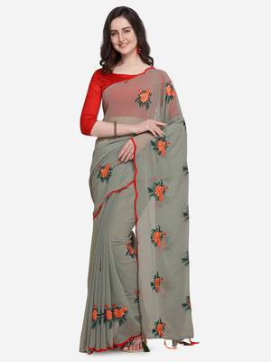 Grey embroidered georgette saree with blouse 3