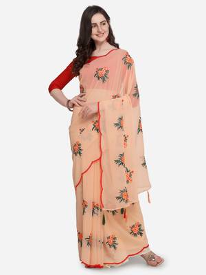 Peach embroidered georgette saree with blouse 1