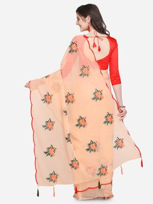 Peach embroidered georgette saree with blouse 2