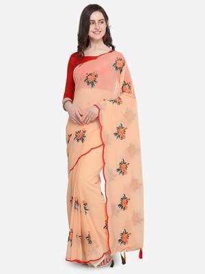Peach embroidered georgette saree with blouse 3