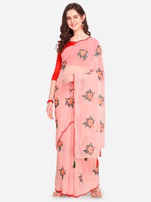 Pink embroidered georgette saree with blouse 1