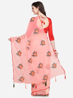 Pink embroidered georgette saree with blouse 2