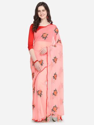 Pink embroidered georgette saree with blouse 3
