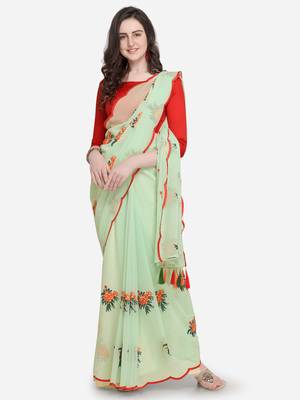 Parrot green embroidered georgette saree with blouse 1