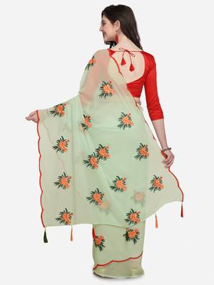 Parrot green embroidered georgette saree with blouse 2