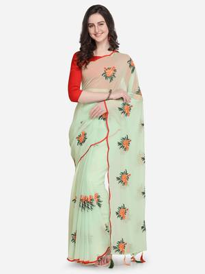 Parrot green embroidered georgette saree with blouse 3