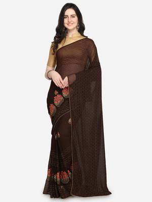 Coffee embroidered georgette saree with blouse 1