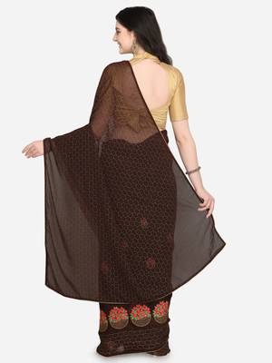 Coffee embroidered georgette saree with blouse 2