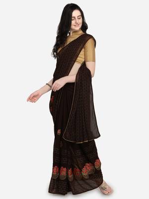 Coffee embroidered georgette saree with blouse 3