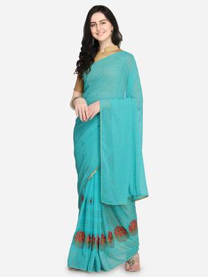 Sea green embroidered georgette saree with blouse 1