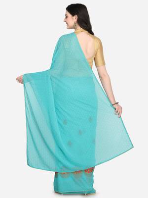Sea green embroidered georgette saree with blouse 2