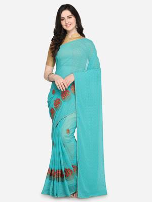 Sea green embroidered georgette saree with blouse 3