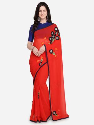 Red embroidered georgette saree with blouse 1