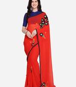Red embroidered georgette saree with blouse