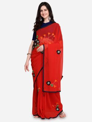 Red embroidered georgette saree with blouse 3