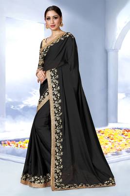 Black embroidered art silk saree with blouse 3