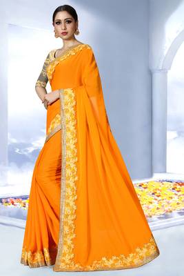 Orange embroidered art silk saree with blouse 3