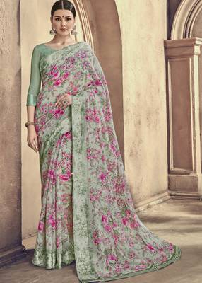 Green printed linen saree with blouse 1