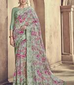 Green printed linen saree with blouse