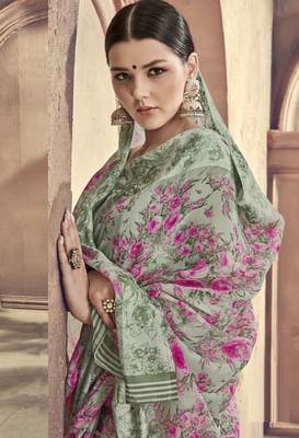 Green printed linen saree with blouse 2
