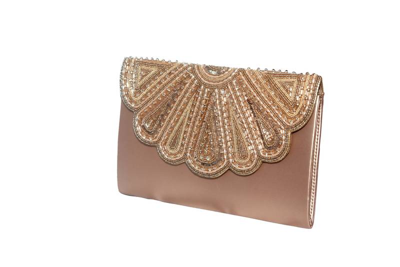 PU  Regzine Made Gold Color Clutch With Hand Zari, Embroidery & Stone Embellishemnt Work