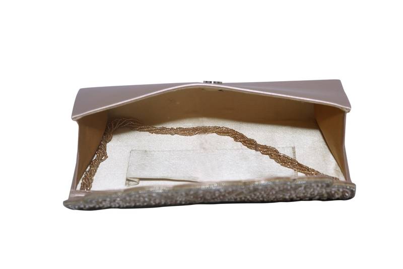 PU  Regzine Made Gold Color Clutch With Hand Zari, Embroidery & Stone Embellishemnt Work