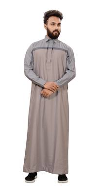 Grey Plain Cotton Mens Galabiyya Thobe 4