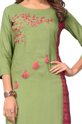 Green embroidered rayon kurti 5