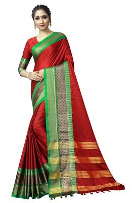   maroon woven cotton silk saree with blouse 1