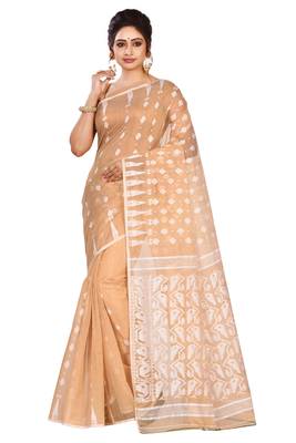 Beige plain cotton silk saree without blouse 1