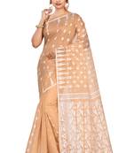 Beige plain cotton silk saree without blouse