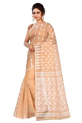 Beige plain cotton silk saree without blouse 2