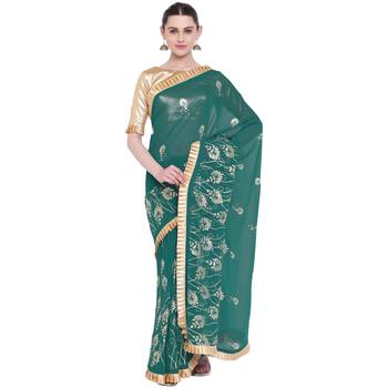 Green hand woven georgette saree with blouse 1