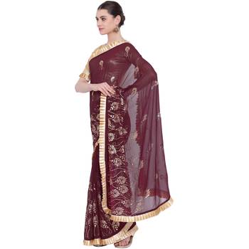 Wine hand woven georgette saree with blouse 3