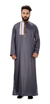 Grey Plain Polyester Mens Galabiyya Thobe 1