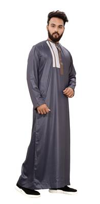 Grey Plain Polyester Mens Galabiyya Thobe 3