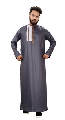 Grey Plain Polyester Mens Galabiyya Thobe 5