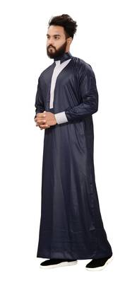Blue Plain Polyester Mens Galabiyya Thobe 4