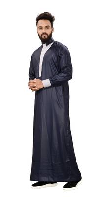 Blue Plain Polyester Mens Galabiyya Thobe 5
